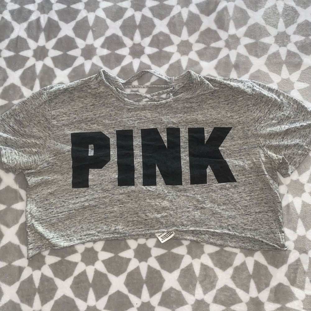 PINK Cropped Gray Tee